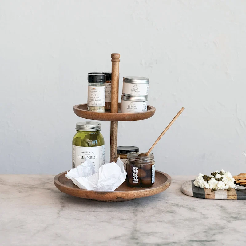 Mango Wood 2-Tier Tray - 13.0 L x 13.0 W x 16.0 H - 13.0 L x 13.0 W x 16.0 H