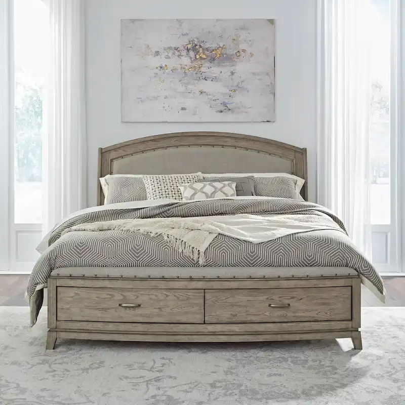 Avalon Burnished Beige Oak King Upholstered Storage Bed Bedroom Set