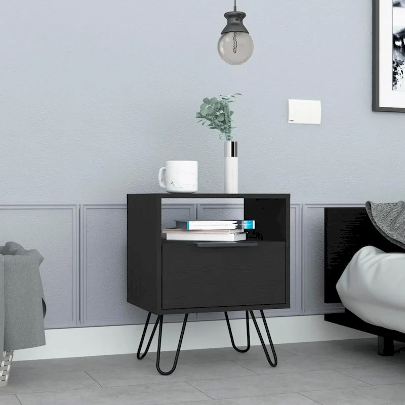 Nightstand 22H, One Open Shelf, Single Door Cabient, Hairpin Legs, Black
