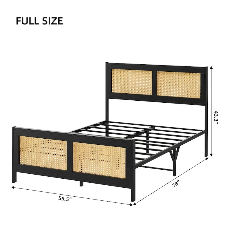 Platform Bed with Rattan Headboard and Footboard - Black Metal Frame