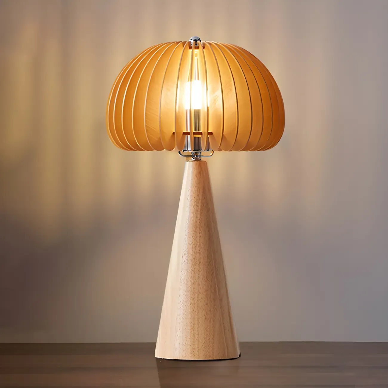 Art Deco Yellow Wooden Mushroom-Shaped LED Table Lamp