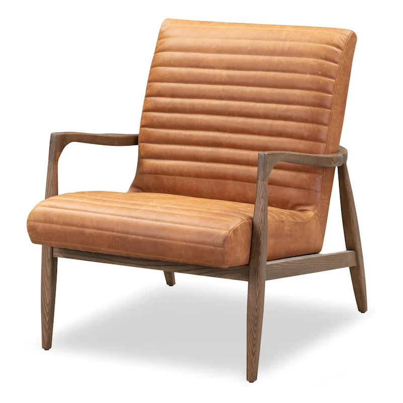 Walnut Ribbed Leather Lounge Chair