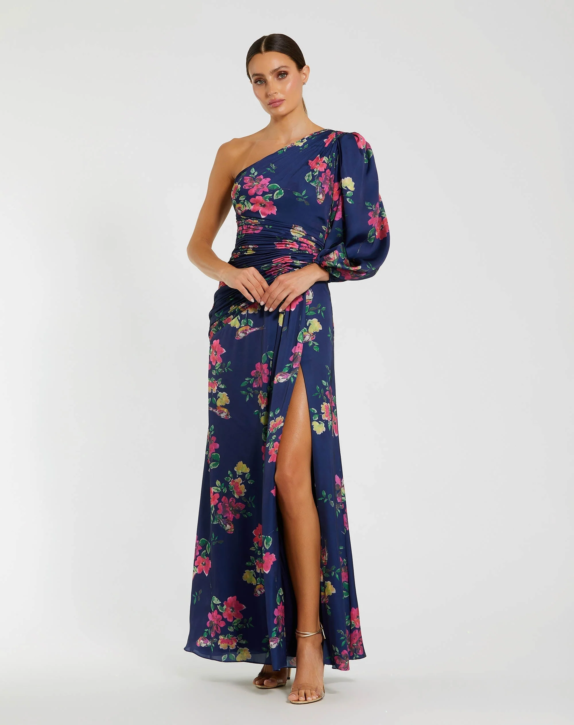 One Sleeve Floral Print Charmeuse Gown With Slit