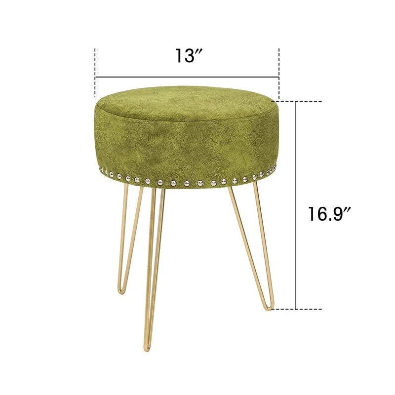 Adeco Round Footstool Ottoman Velvet Dressing Stool Gold Metal Legs
