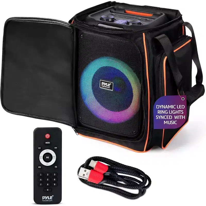 Pyle 8 Wireless Bluetooth Party Speaker with LED Lights, 100W, Rechargeable Battery, Mic Input, FM Radio, and Remote Control