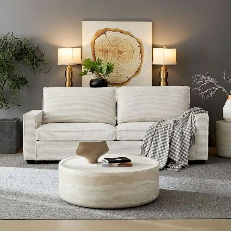 Beige / Brown Corduroy 3-Seater Sofa with Storage & Cup Holder