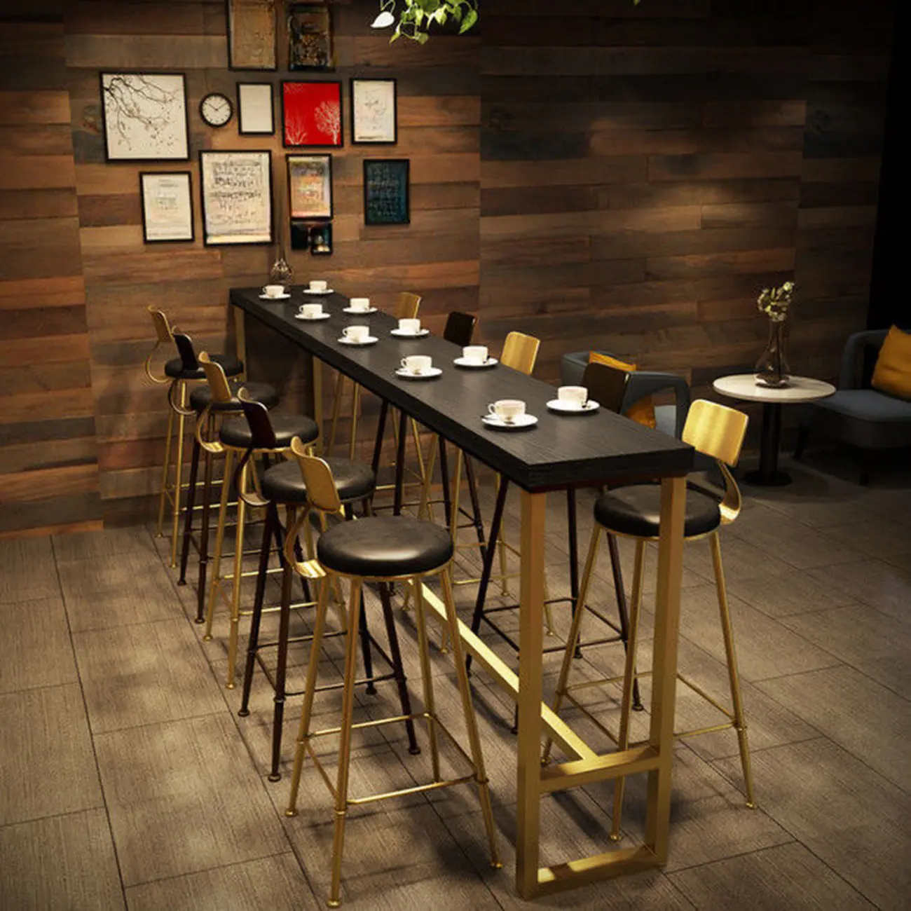 Luxurious Midnight Black Wood Gold Metal Leg Rest Bar Tables