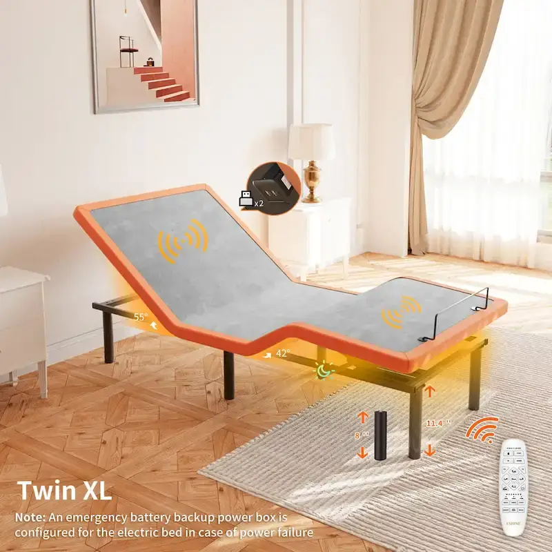 Adjustable Bed Frame with Massage, Wireless Remote and USB Ports