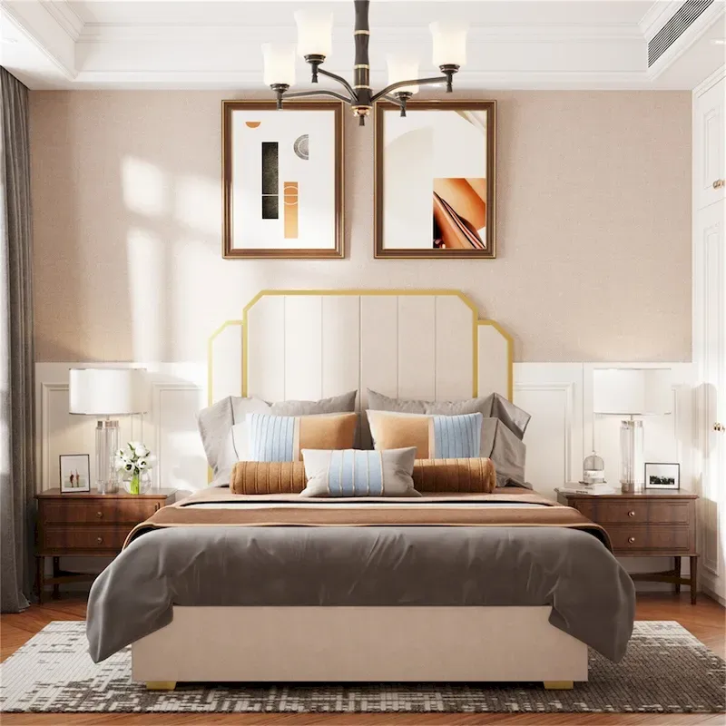 Queen Size Bed Frame and 59.06 Headboard with Golden Plating Trim