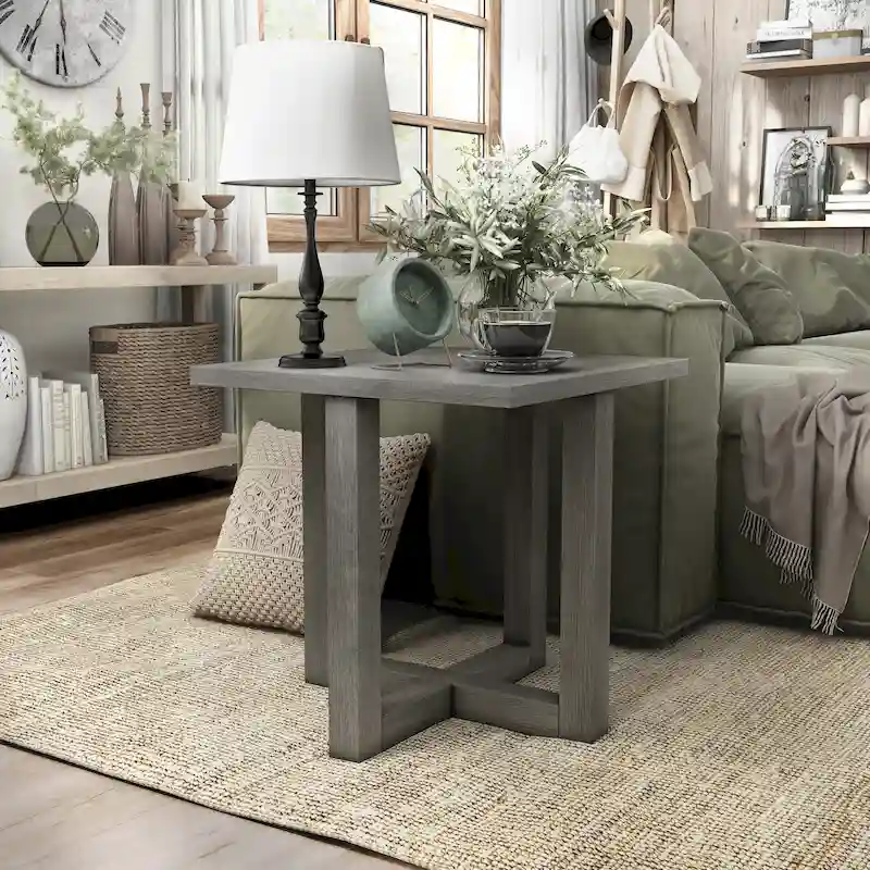 Light Grey Square Wood Veneer Side Table