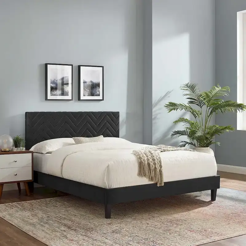 Blue / White / Charcoal / Pink Chevron Tufted Velvet Queen Platform Bed – 1 Person
