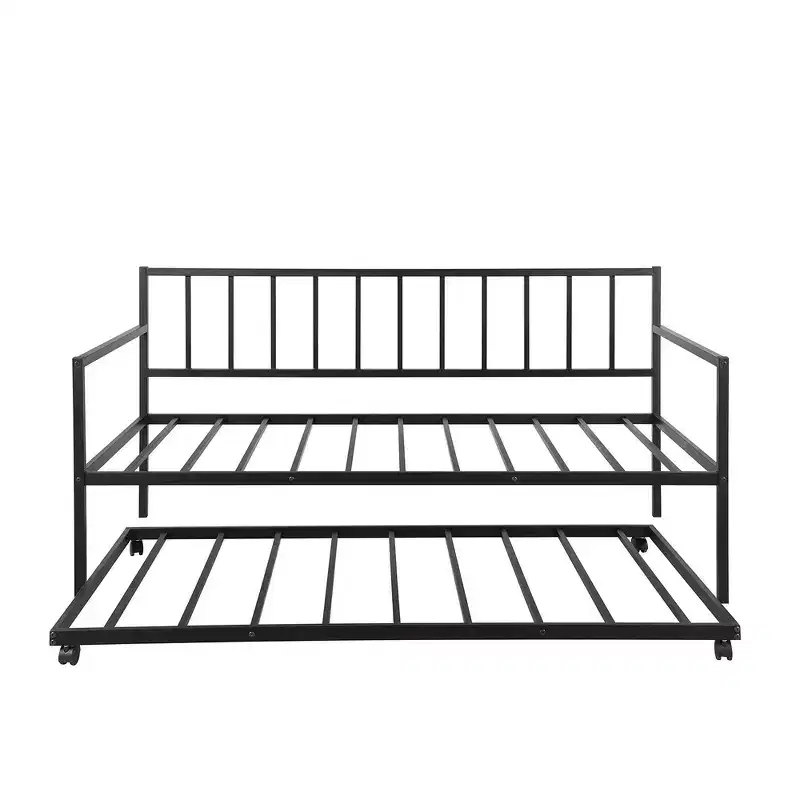 Whisen Twin Size Daybed, Metal Lounge Daybed with Trundle - Black