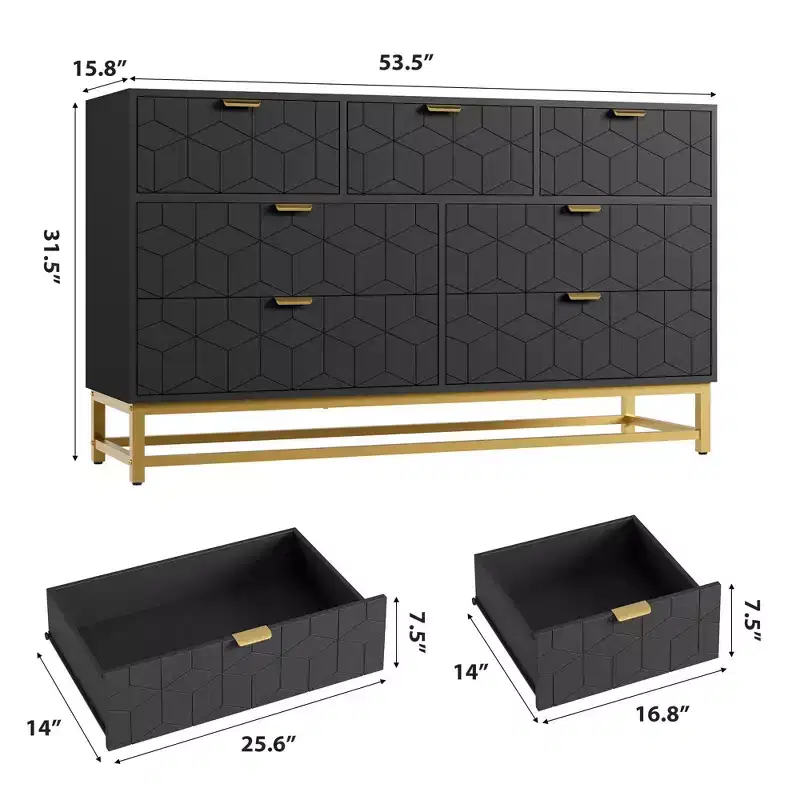 Modern 7-Drawer Entryway Storage Cabinet - 53.5'' Wide Chest with Golden Metal Handles & Legs - Large Organizer for Bedroom, Living Room, Hallway