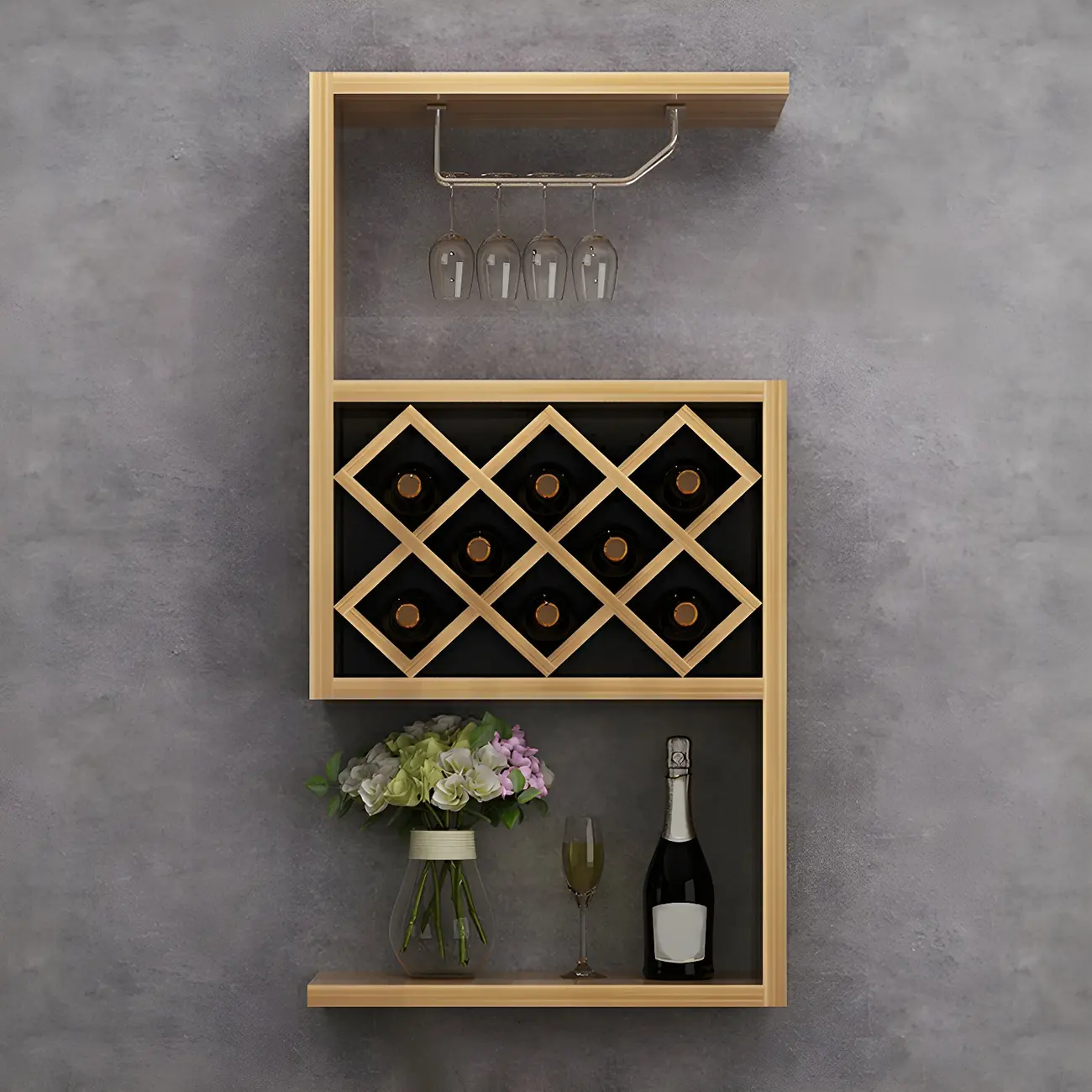 Rubberwood Floating Mount Wine Rack with Stackable Design