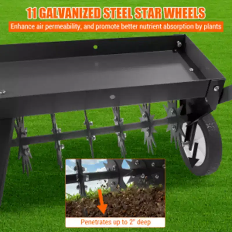 GustoWave 40-Inch Tow-Behind Lawn Aerator Heavy-Duty Steel Teeth Adjustable Handle & Transport Wheels