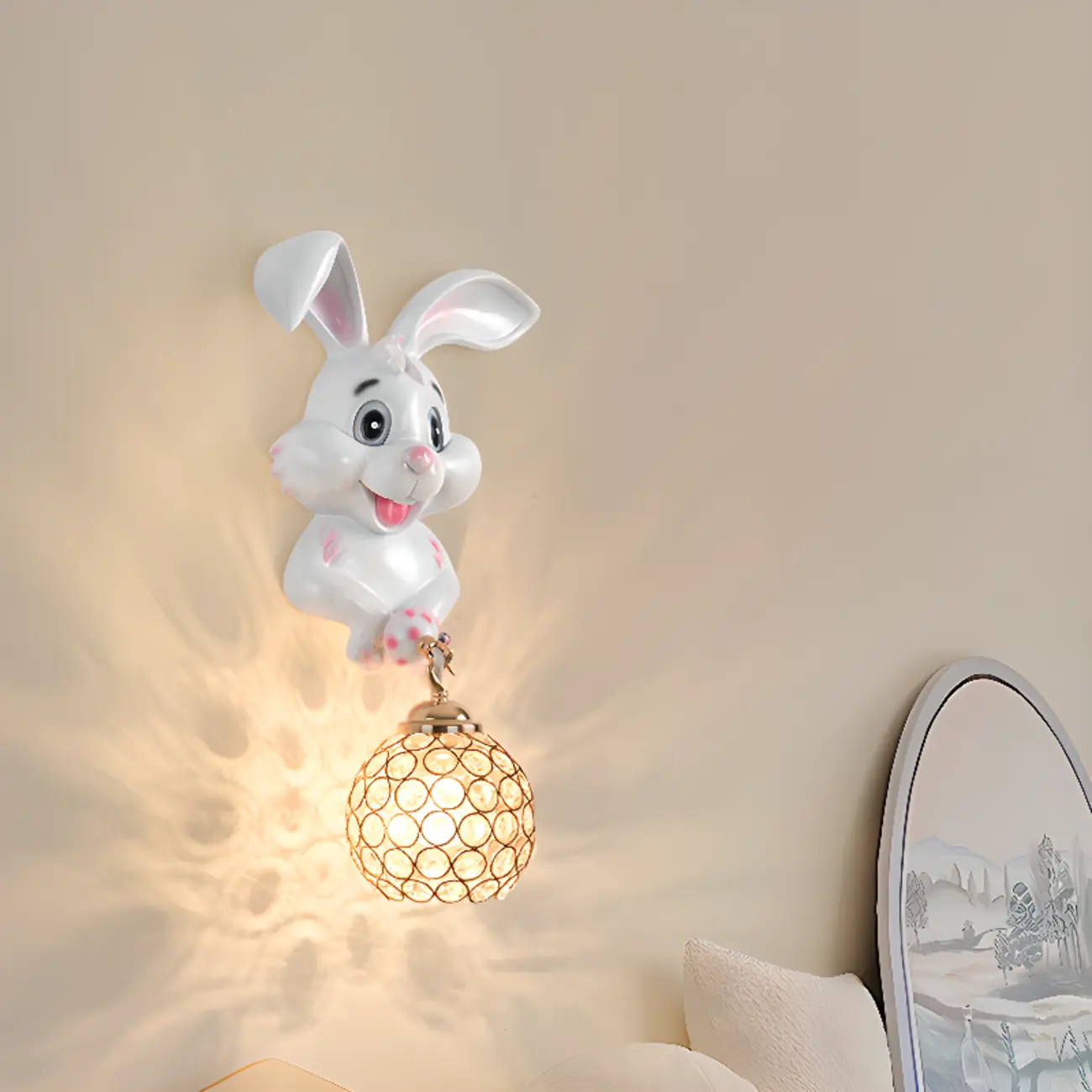 Kids Rabbit-Shaped Resin Wall Sconce with Crystal Shade