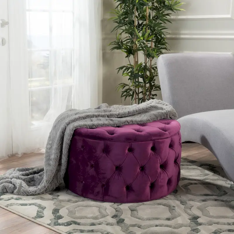 Modern Glam Tufted Velvet Round Ottoman
