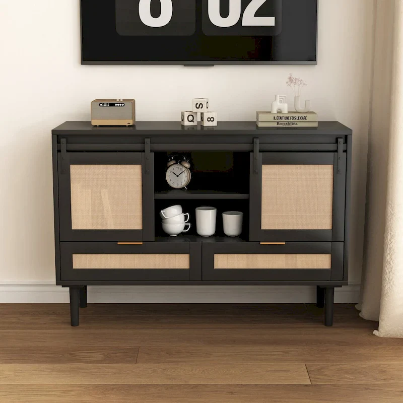 Sliding Barn Door TV Stand & Storage Cabinet, Wood Color / Black, 2-Person Assembly, Fits TVs up to 43