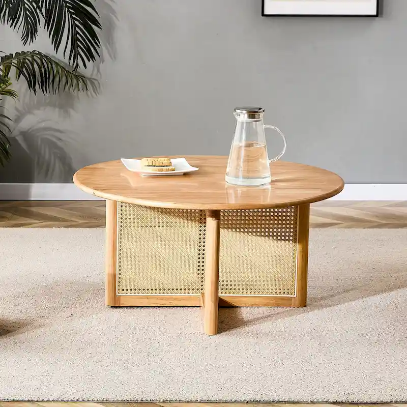 wooden coffee table with faux rattan accents