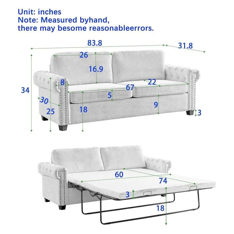 83.8 Convertible 2-in-1 Pullout Polyester Sleeper Sofa Bed