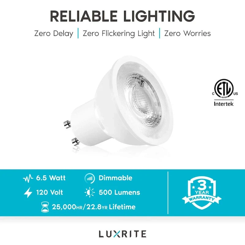 Luxrite MR16 GU10 LED Bulbs Dimmable, 50W Halogen Equivalent, 500 Lumens, 120V, Enclosed Fixture Rated (6 Pack)