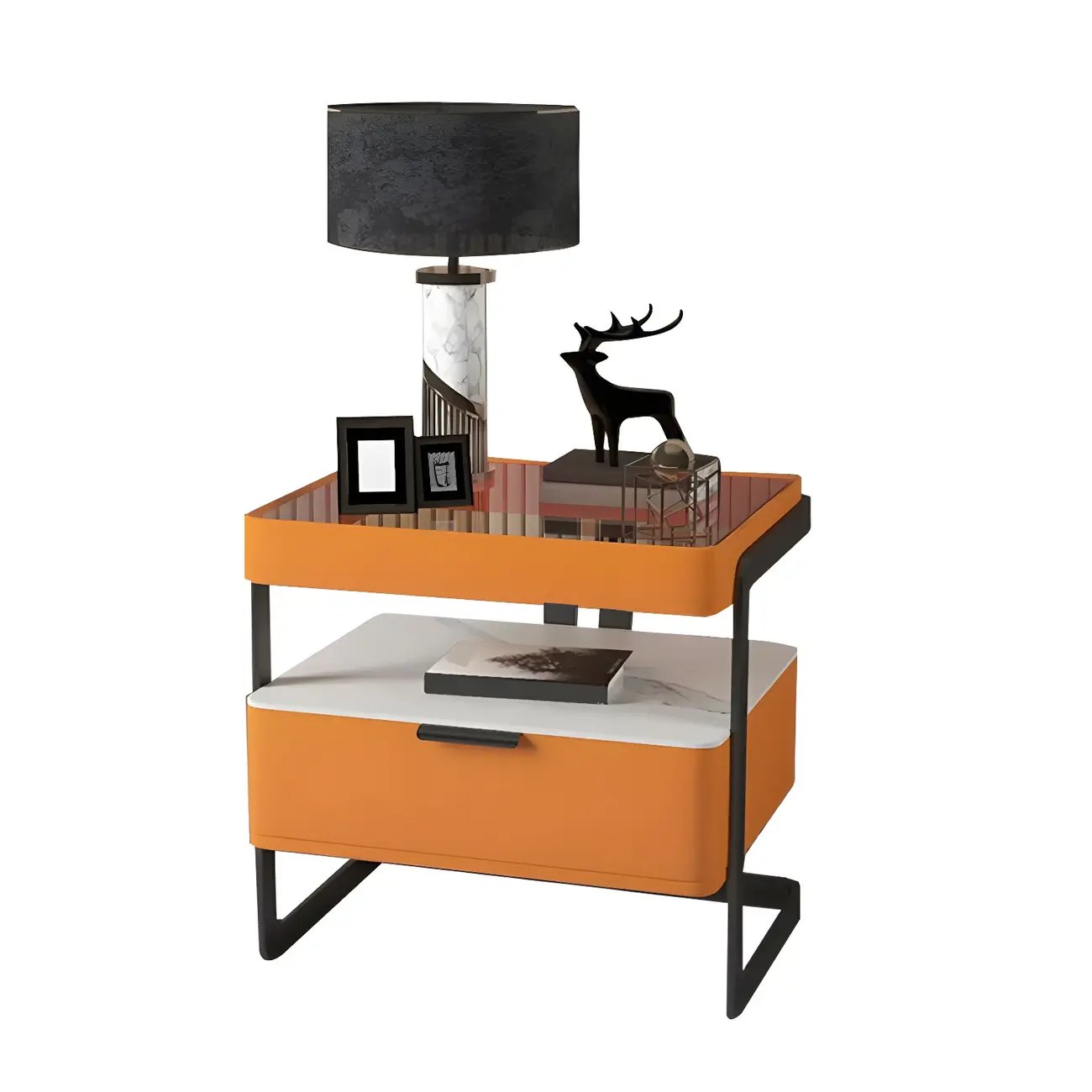 Modern Wood Nightstand with Glass Countertop and Drawer