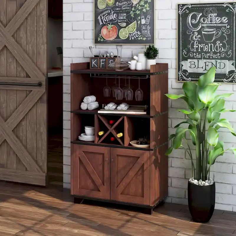 Farmhouse Wine Cabinet Buffet with Stemware Rack & 6 Shelves