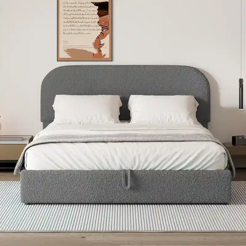 Upholstered Platform Bed, Curved Headboard, Hydraulic Storage, Teddy Fleece, Modern Style, Grey / White, 2 People