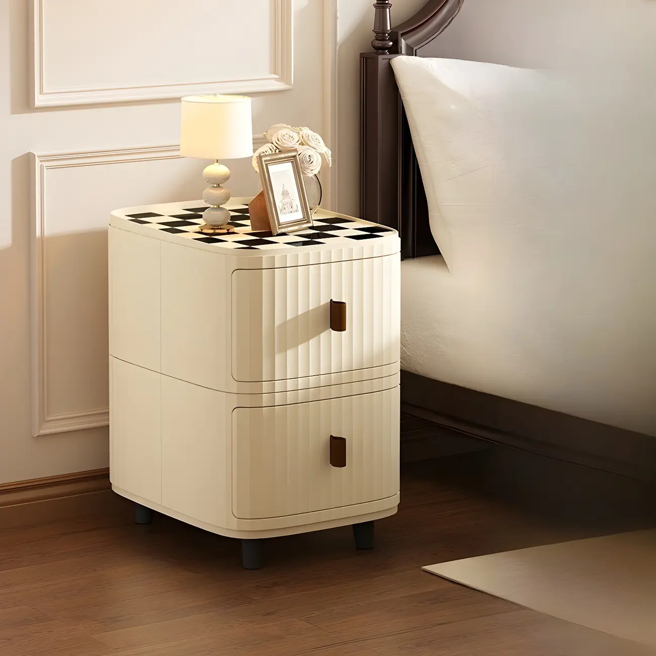 Modern Black And White Grid Top Nightstands with Drawers