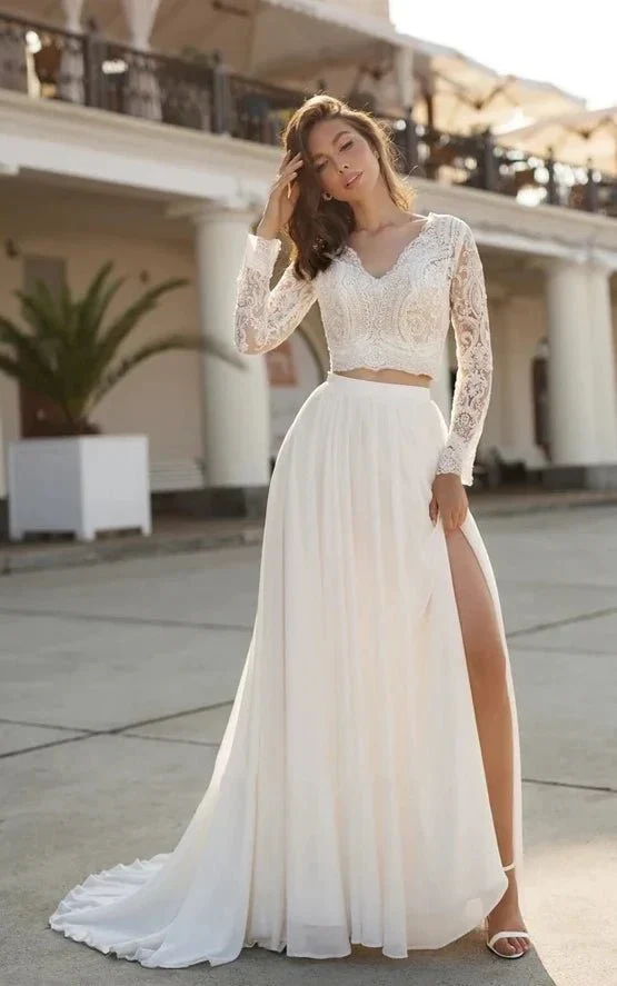 Two Piece V-neck Wedding Dress with Sweep Train Lace Long Sleeves