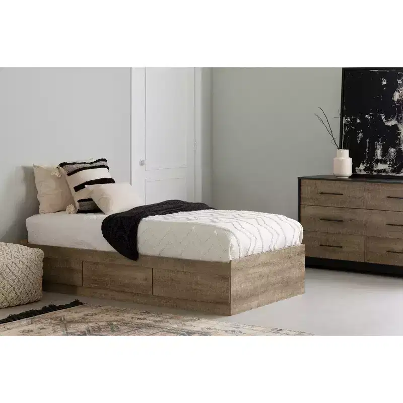 South Shore Twin Bed Brown/Weathered Oak: Laminated Particle Board Frame, Storage Drawer, 250lb Capacity