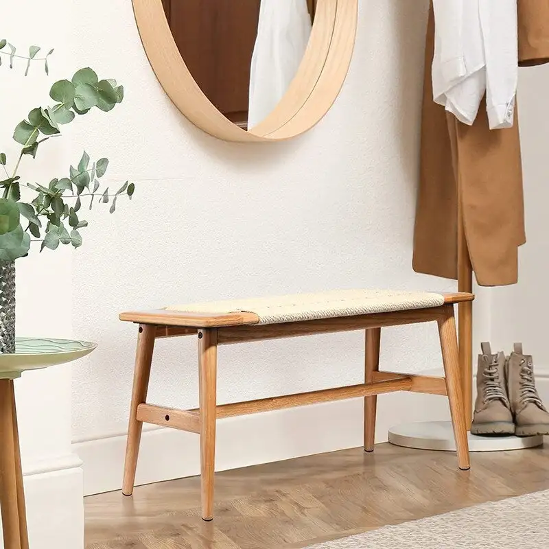 Solid Oak Wood Bench with Woven Rope Seat