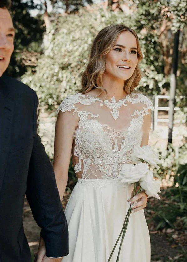 A-Line Cap Sleeve Long Backless Wedding Dresses with Appliques