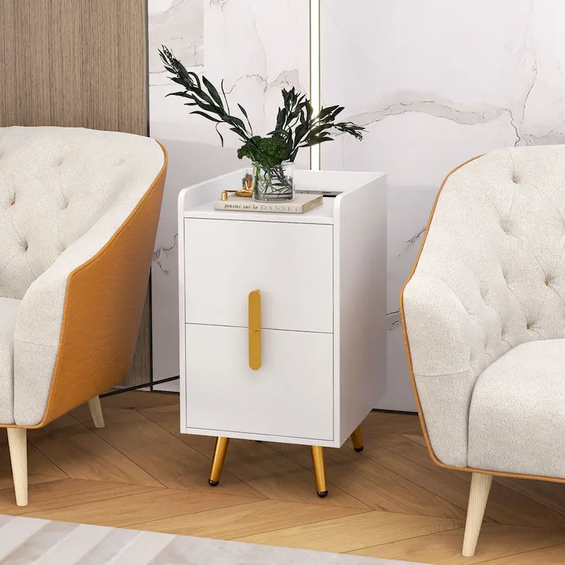 Nightstand with Charging Station, Coffee / White / Black, 2-Drawer Side Table
