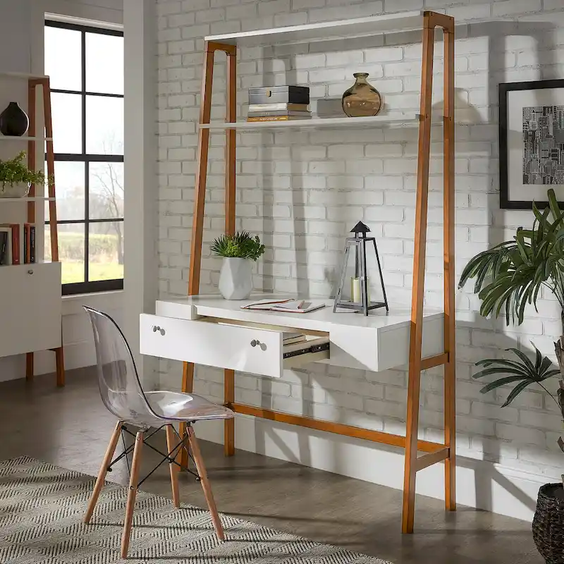 White Ladder Leaning Desk, Single-Person, with Optional Bookcases