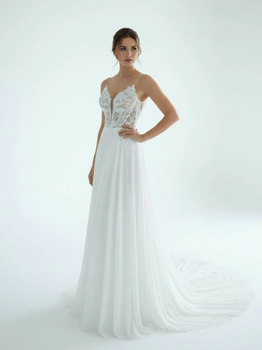 A-Line V Neck Chiffon Boho White Appliques Wedding Dresses