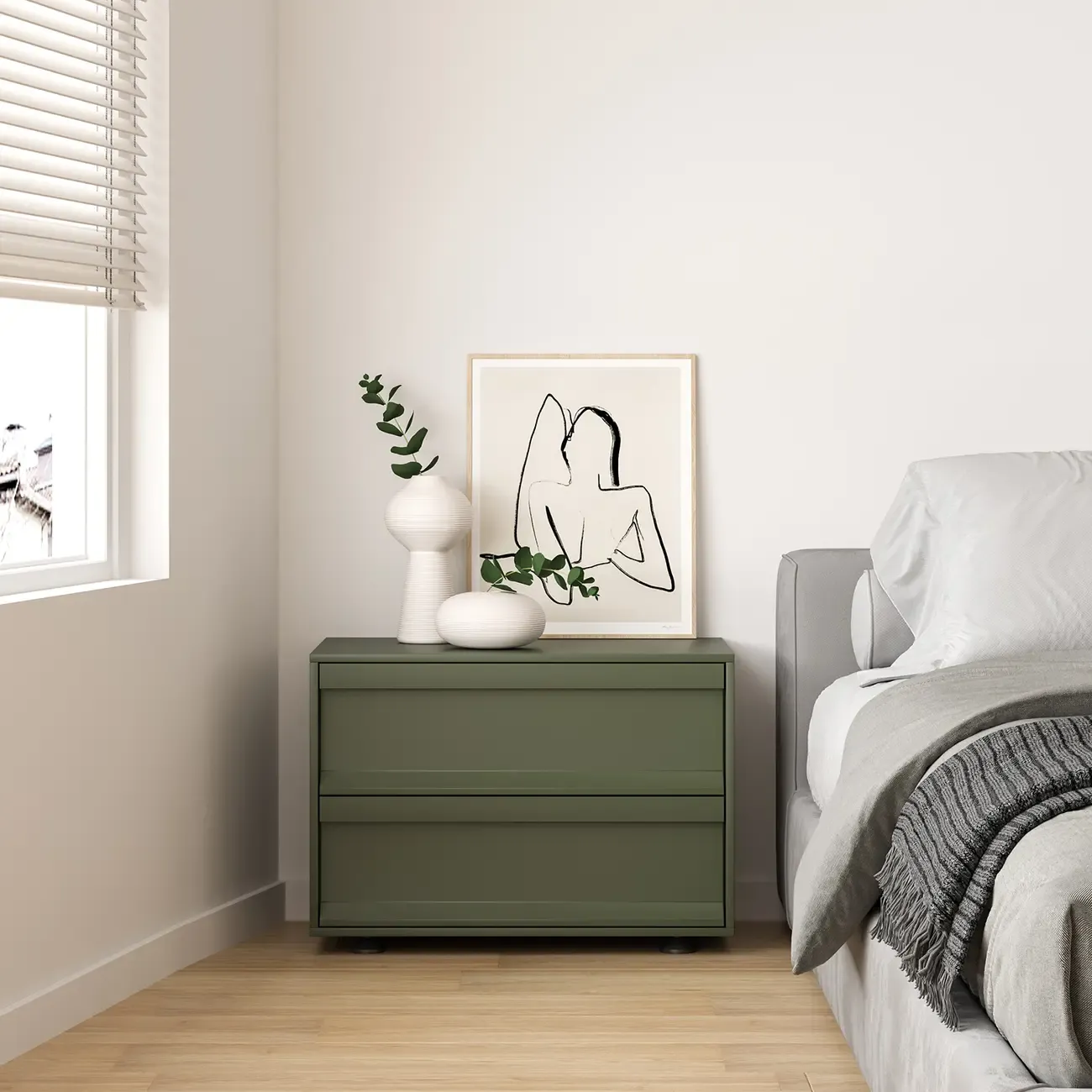 Contemporary Wooden Neat Line Olive Green 2 Drawer Nightstand