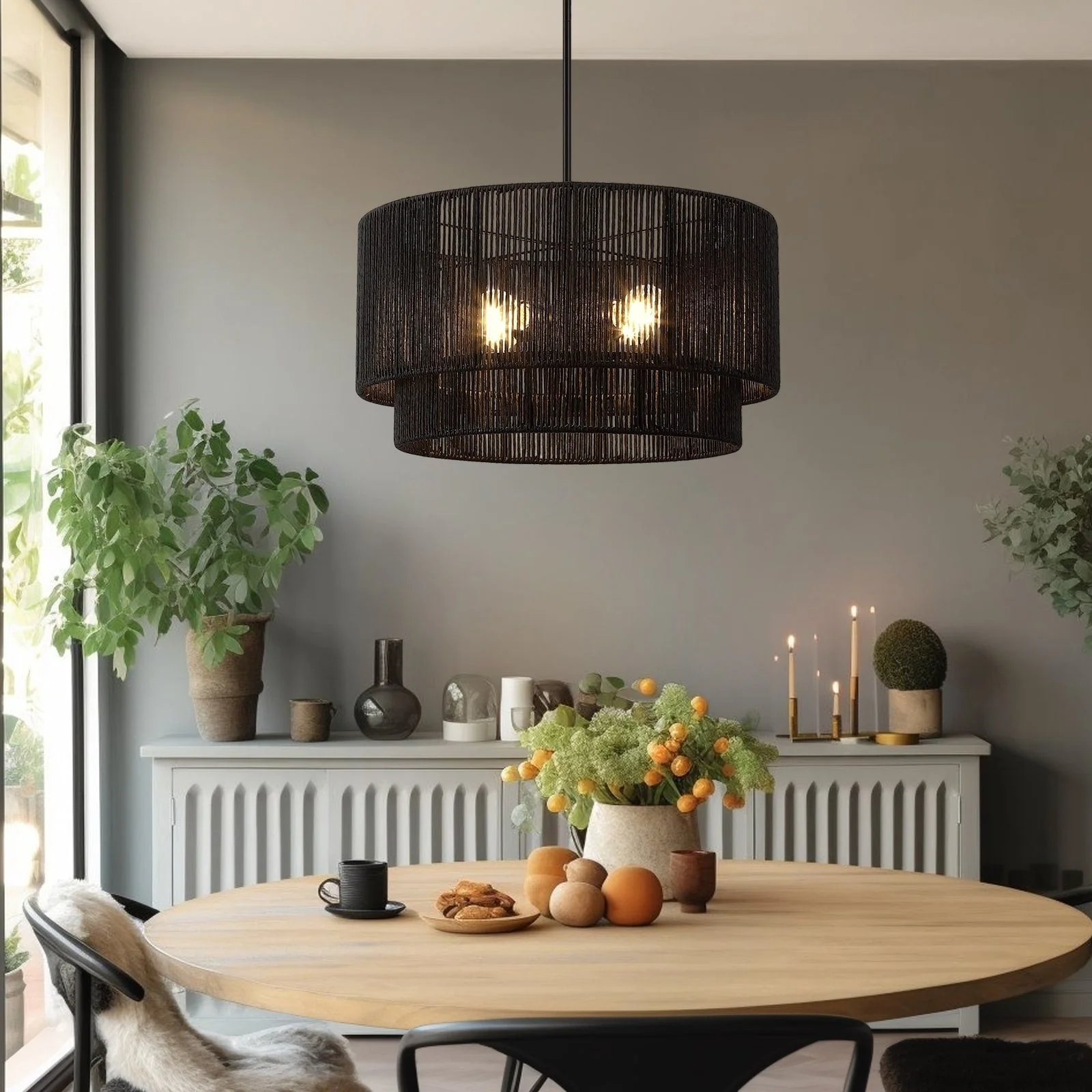Cynthia 4-Light Black Rattan Drum Chandelier Light - 22