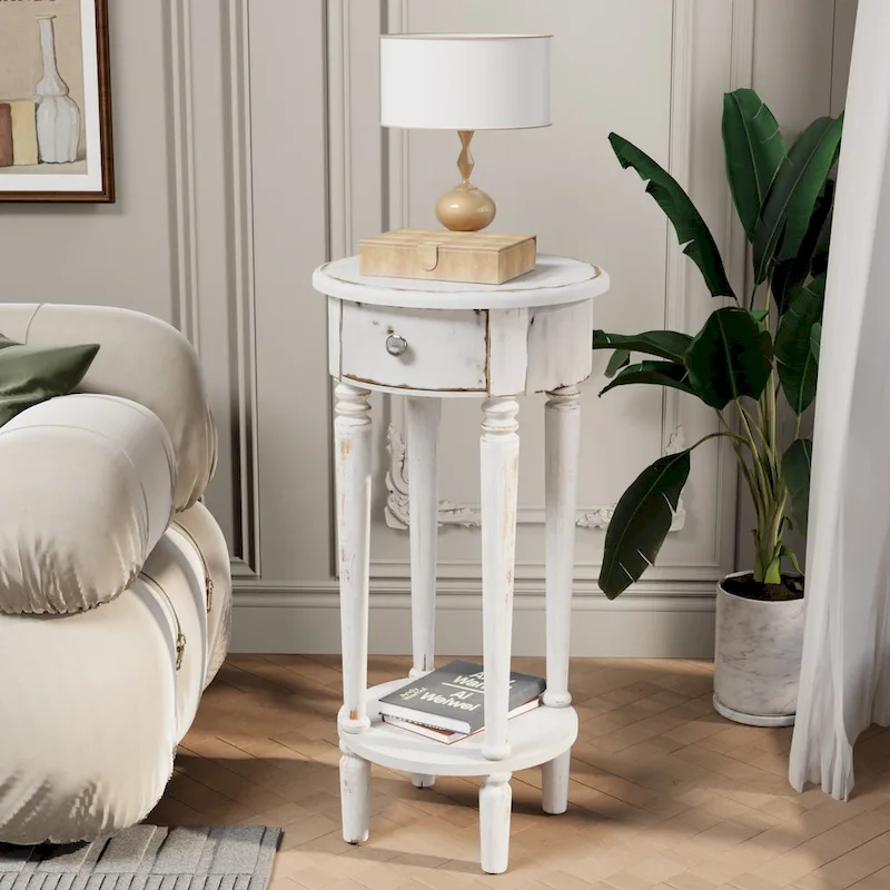 White Distressed Round Tall Telephone Stand Table