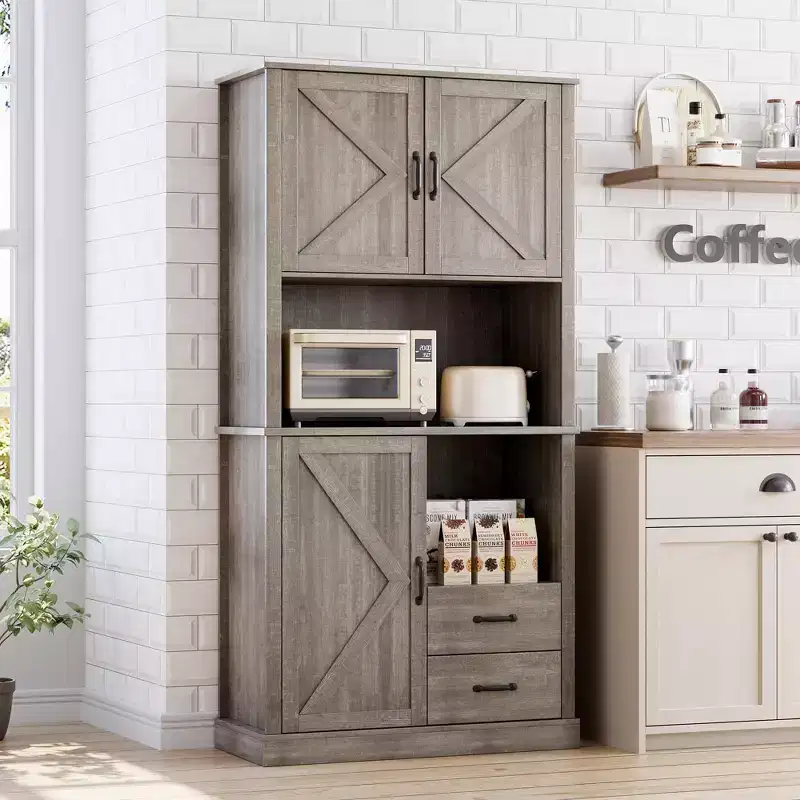 Pantry Cabinet with 2 Drawers and Open Shelves, Tall Freestanding Kitchen Pantry Cabinet with Microwave Shelf, Kitchen Hutch