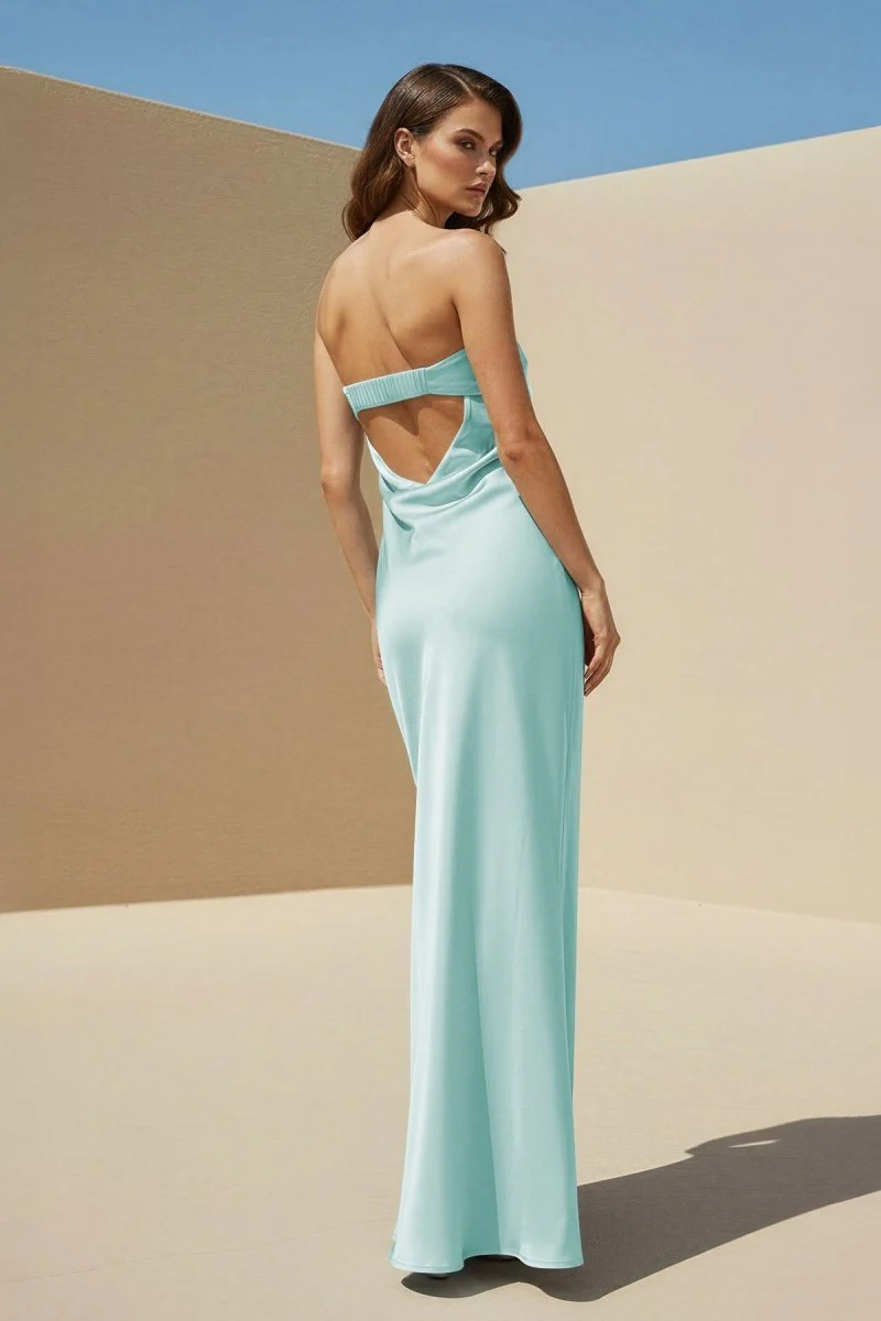 Sky Blue Strapless Sheath Satin Pleated Open Back Long Prom Dresses