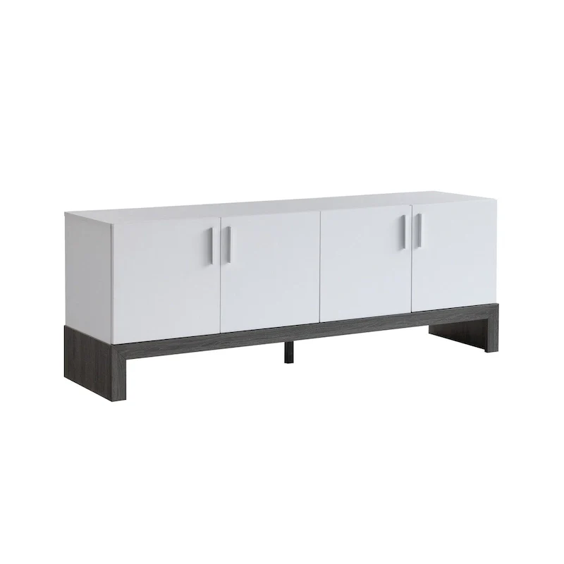 60 Inch TV Entertainment Console, 2 Cabinets, Metal Bar Handles, White