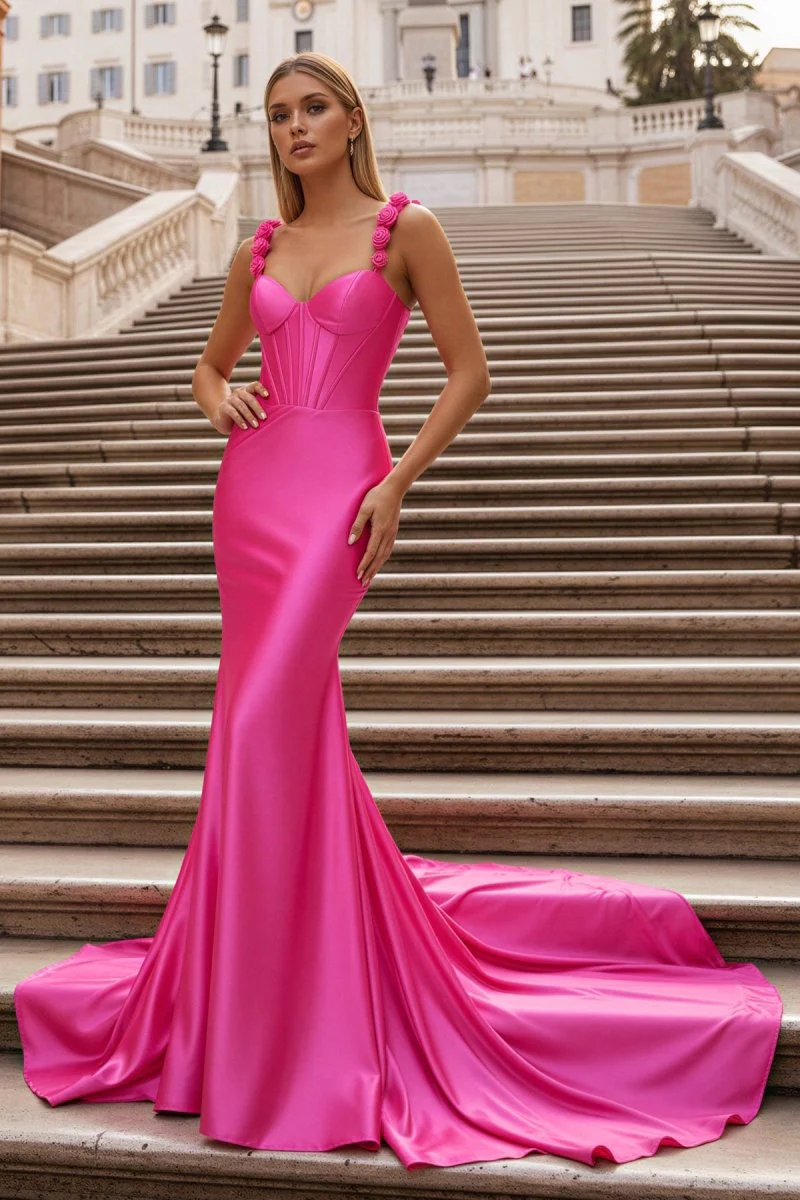 Hot Pink Floral Straps Mermaid Satin Long Prom Dress