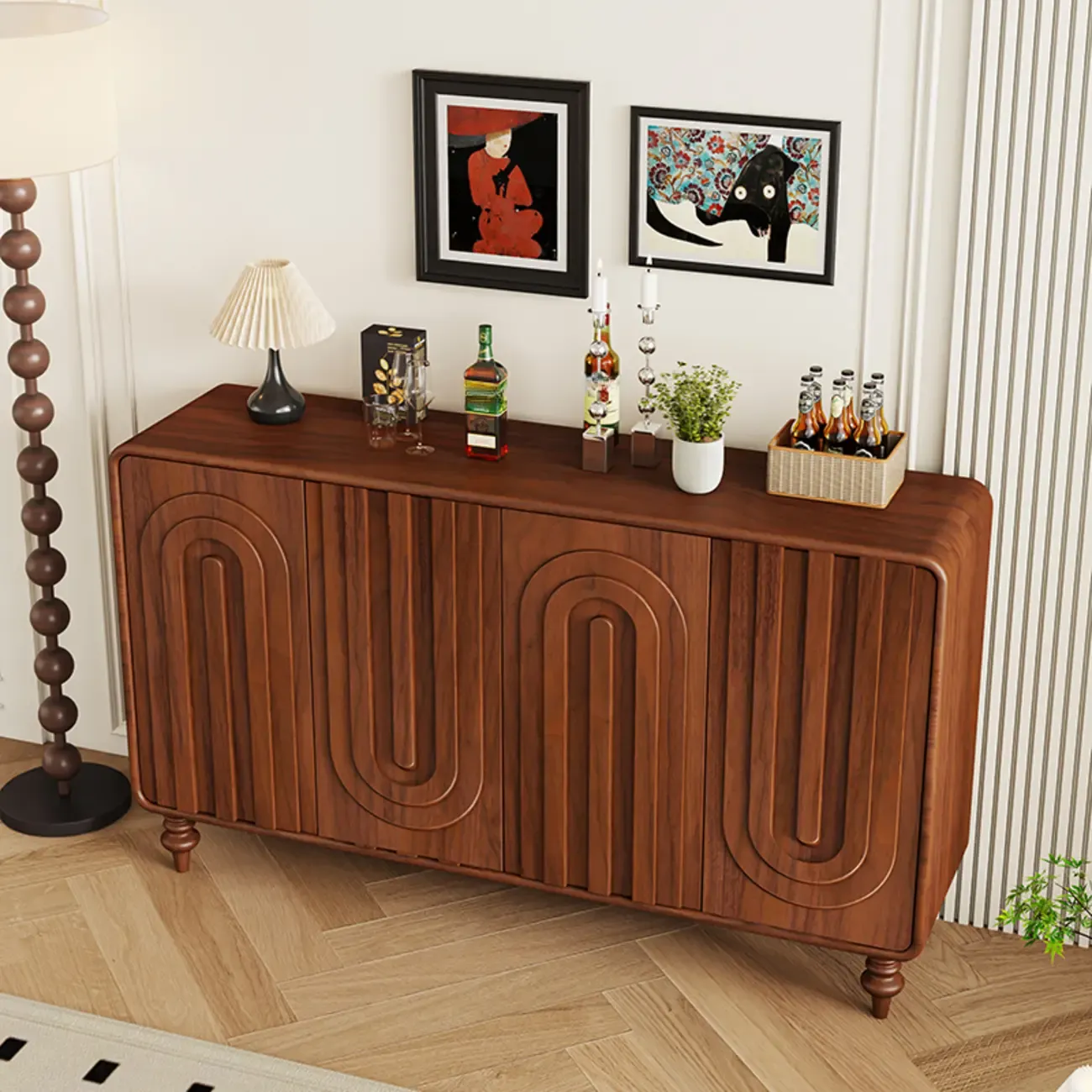 Entryway Wood 3-Door Carved Wave Shoe Cabinet