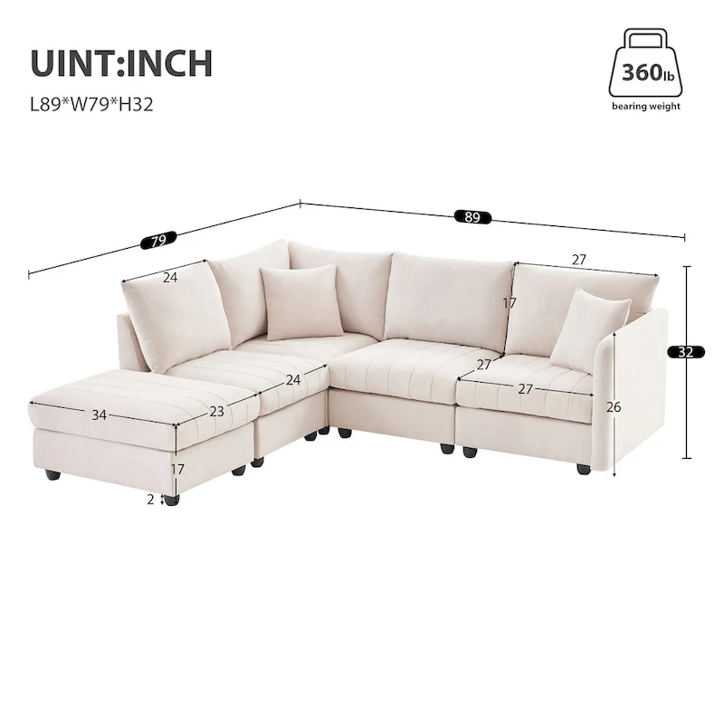 Modern L-Shape Sectional Sofa with Vertical Stripes,2 Pillows,Ottoman,Various Combinations,Beige