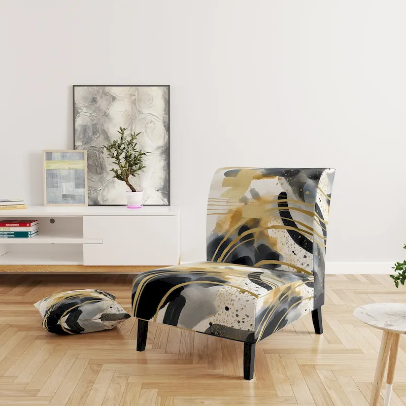Designart  Pastel Abstract With Blue Black & Gold Spots III  Upholstered Fractals Accent Chair and Modern Arm Chair