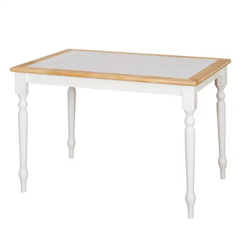 Buylateral Tara Farmhouse Tile Top Dining Table White/Natural: Modern Rubberwood Frame, Seats 4, Non-Extension