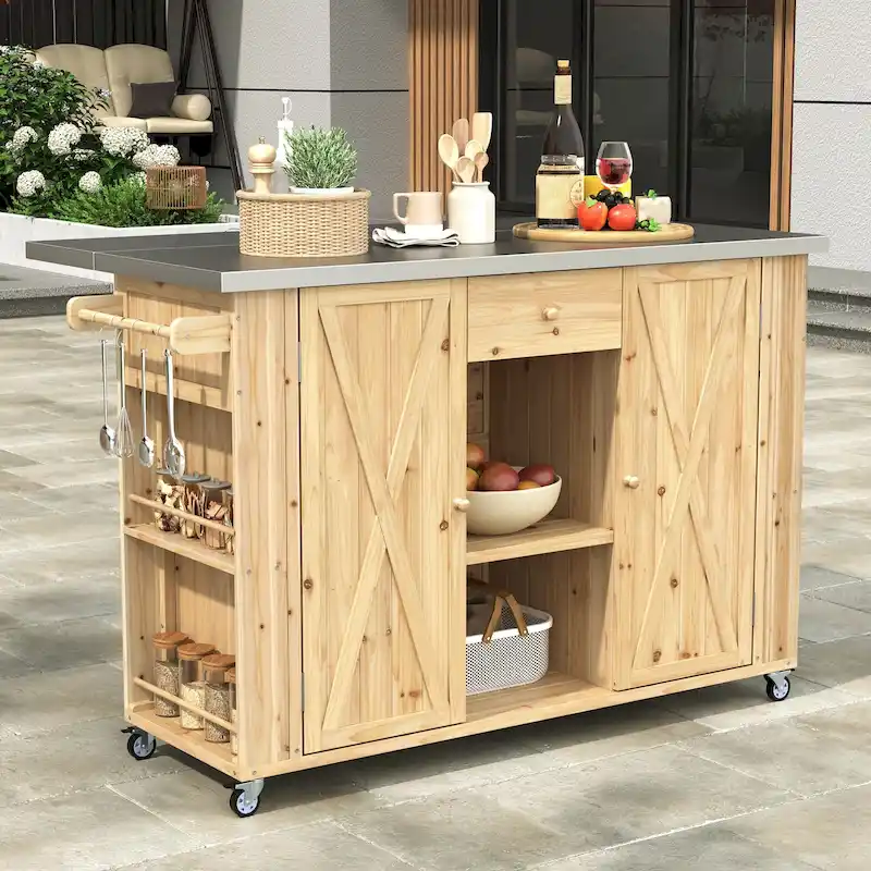 Natural / Grey / Black Wood & Stainless Steel Outdoor Kitchen Island Cart with Barn Doors, Drawer & Foldable Top – 1-Person Use