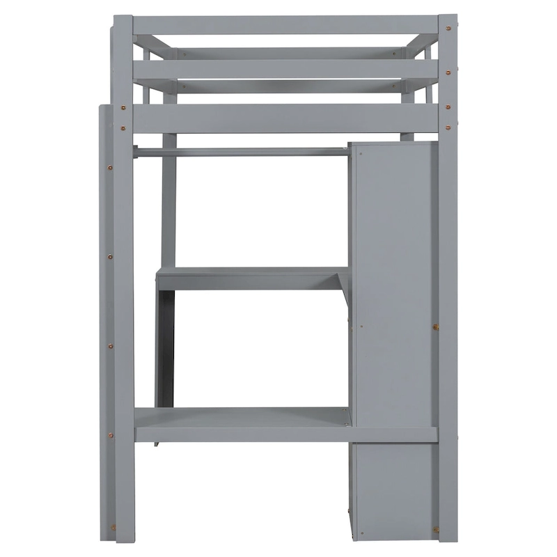 Twin Size Loft Bed Frame with L Shaped Desk, Wardrobe and Shelves