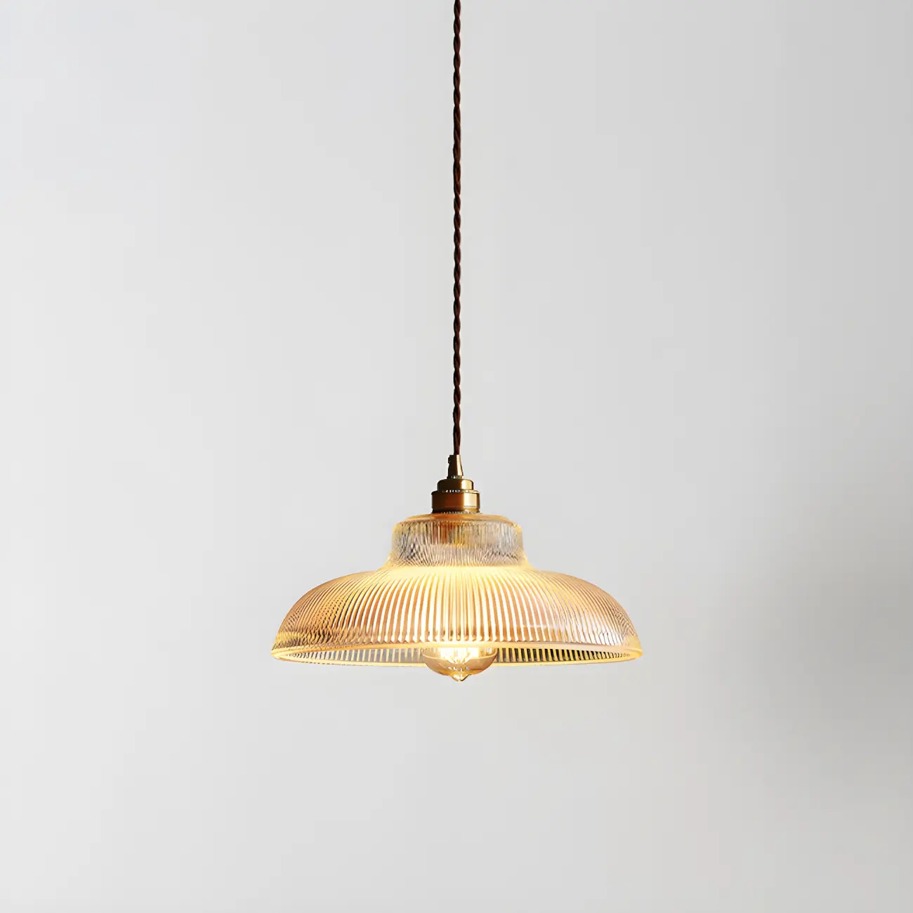 Industrial Adjustable Ribbed Glass Brass Bowl Pendant Light